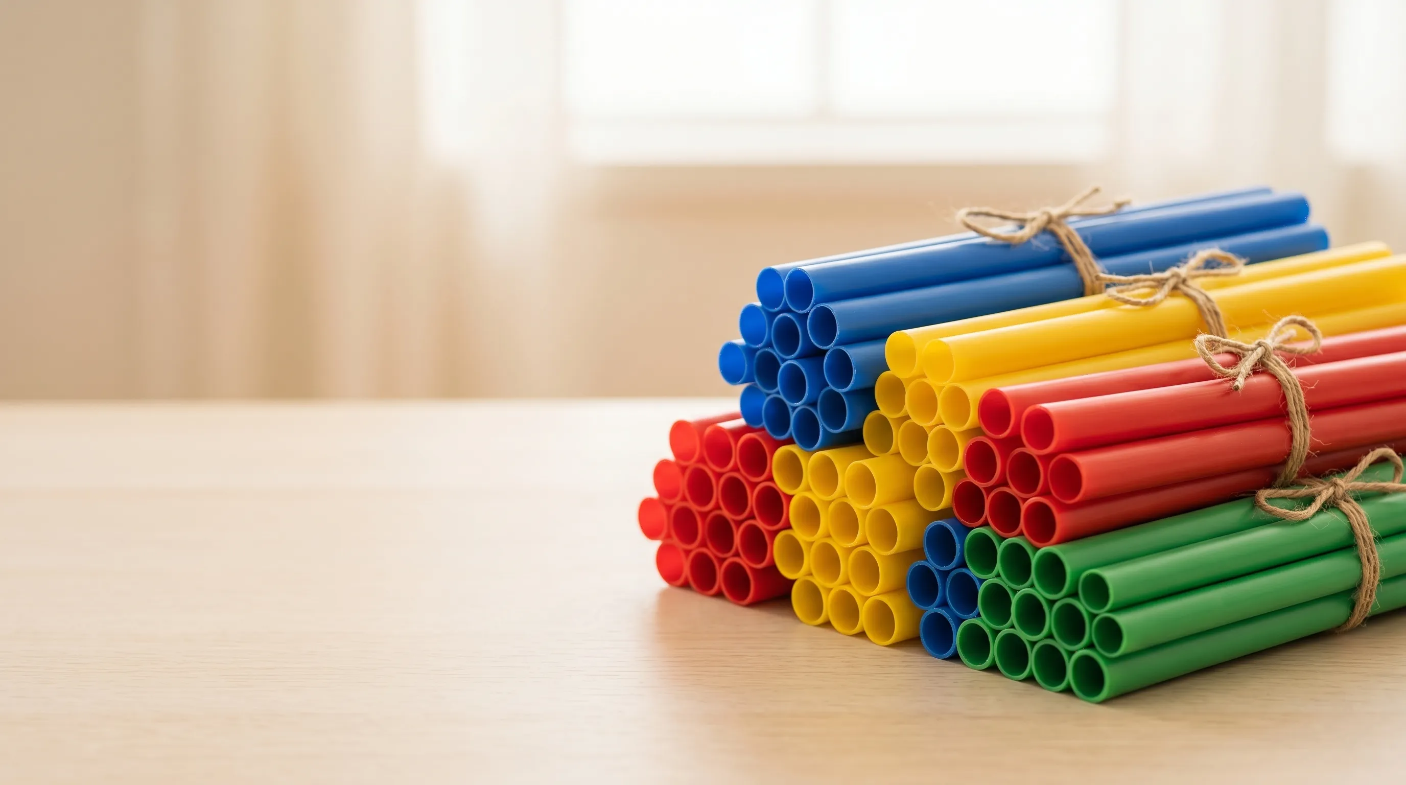 Bundles of colourful plastic broom pipes by Khan Plastic Industries, Ludhiana